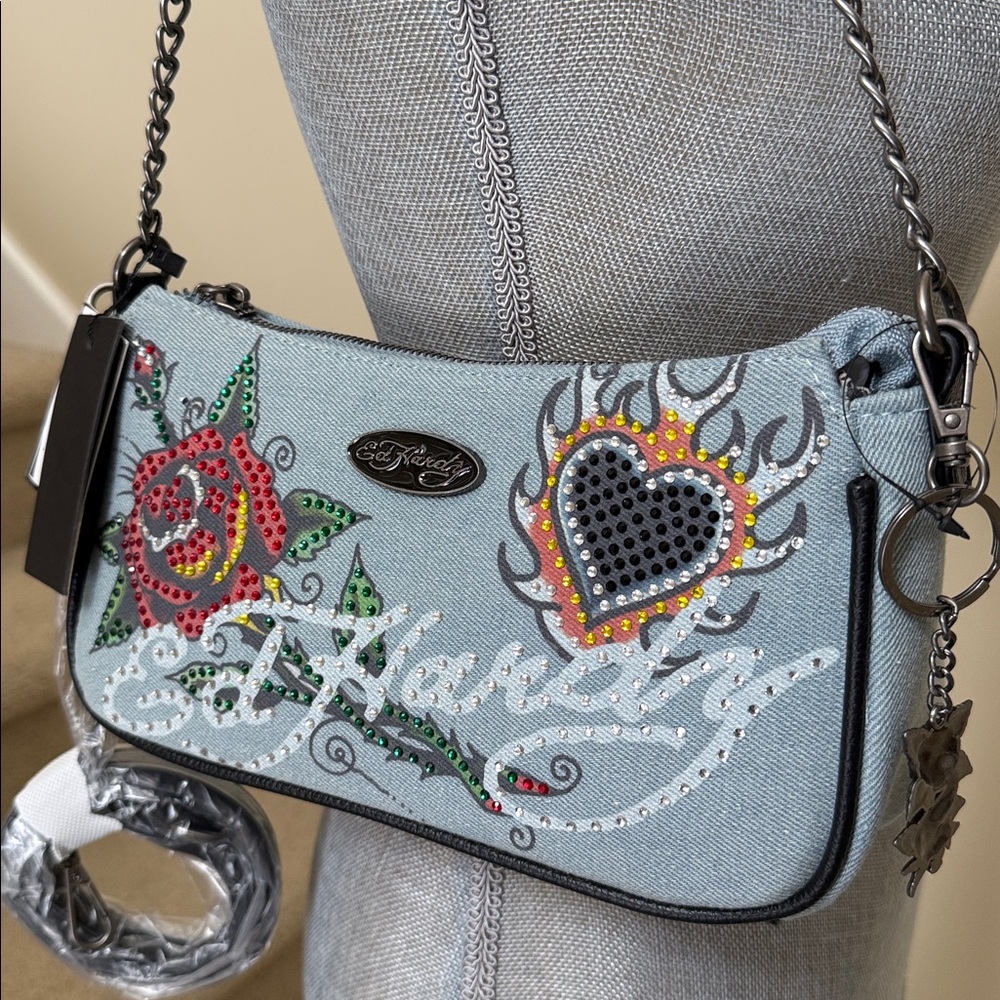Ed Hardy Light Blue Jean Crossbody purse with Rose & Rhinestone Design.
